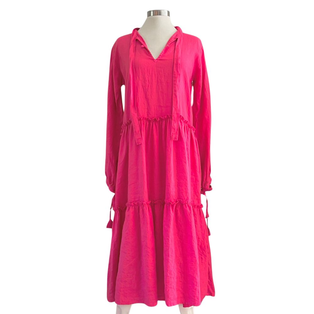 LJC Designs Hot Pink Long Sleeve Linen Midi Dress S